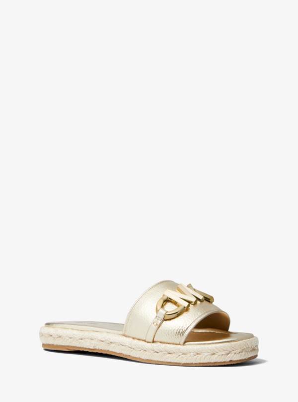 Damske Slapky Michael Kors Izzy Logo Embellished Metallic Faux Leather Zlate - Topanky Michael Kors Levně | IBKLQ-9632